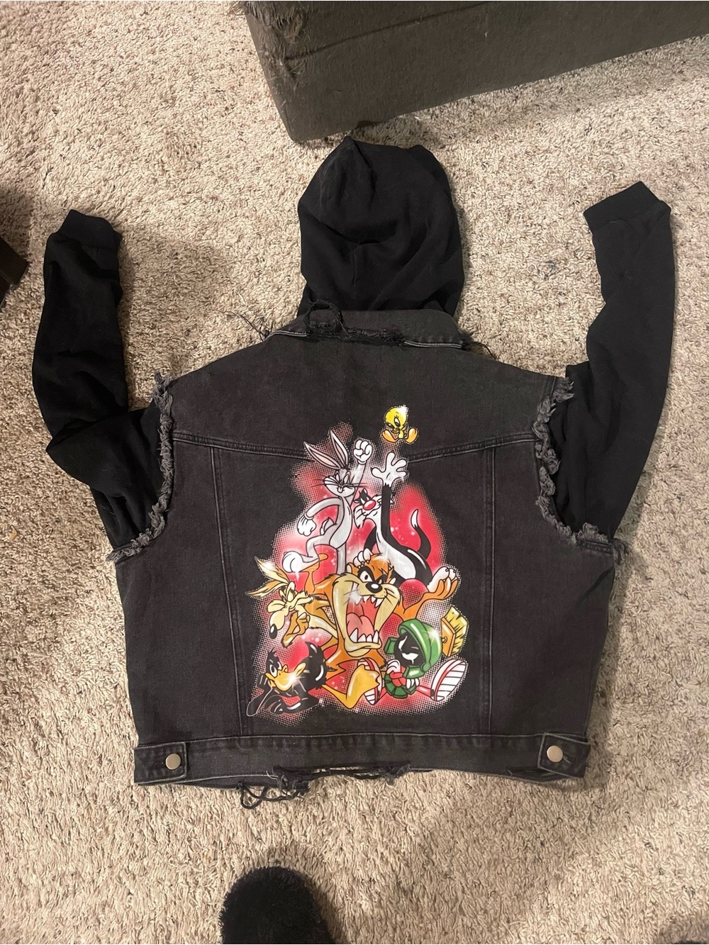 Dolls Kill Black Distressed Denim Jean Jacket with Hoodie Looney Tunes Patch.